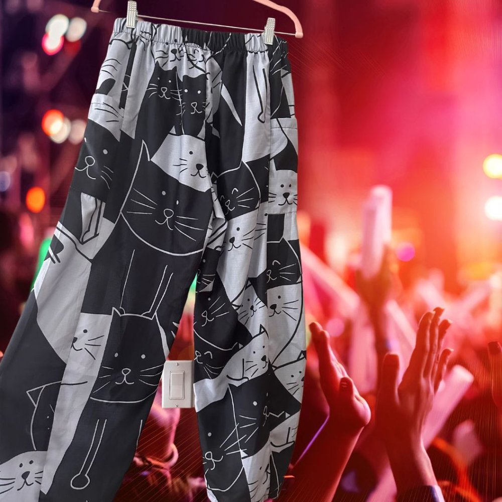 Women's Pants Mid Waist Cat Print Pocket Long Length Pants